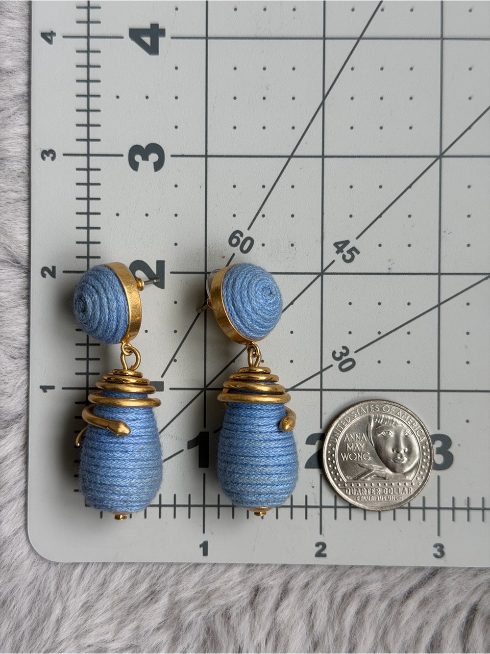 Hand-Wrapped Light Blue Woven Textile Drop Earrings with Gold Serpent Accents - Picture 3 of 13
